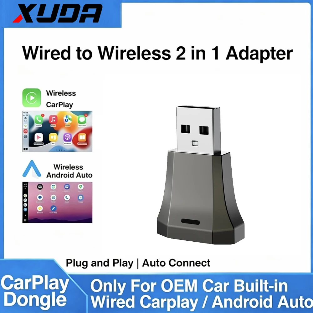 Adaptador Inalámbrico 2 en 1 para CarPlay y Android Auto, Adaptador Inalámbrico para Auto con WiFi de 5 GHz, Tipo C/USB, Plug & Play