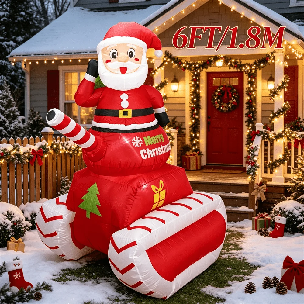 Inflatable Model Toy 6FT Funny Santa Claus Riding Red Candy Stripe Tank Merry Christmas Pattern with LED Lighted Lawn Ornament