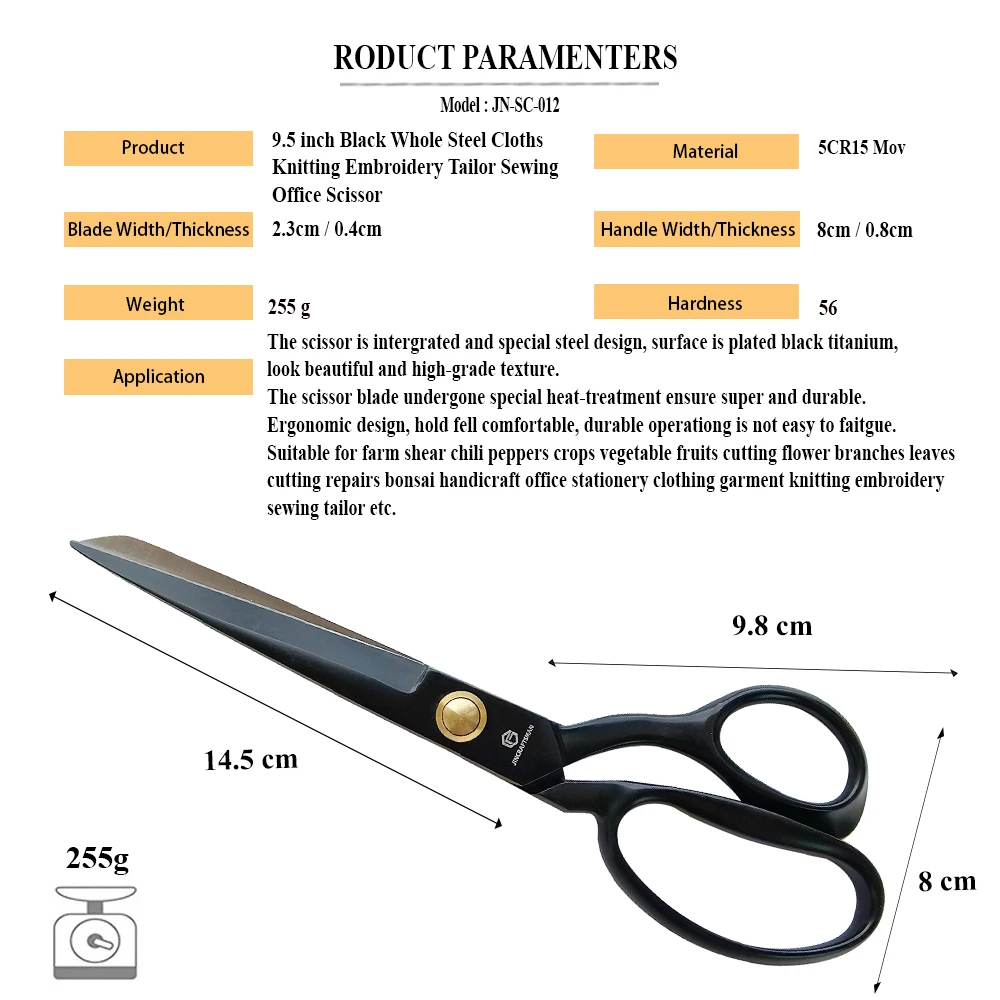 Jincraftsman®–9.5 Inch Classic Bright Black Handicraft Embroidery Garden Bonsai Stationery Leather Cutting Tailor Office Scissor