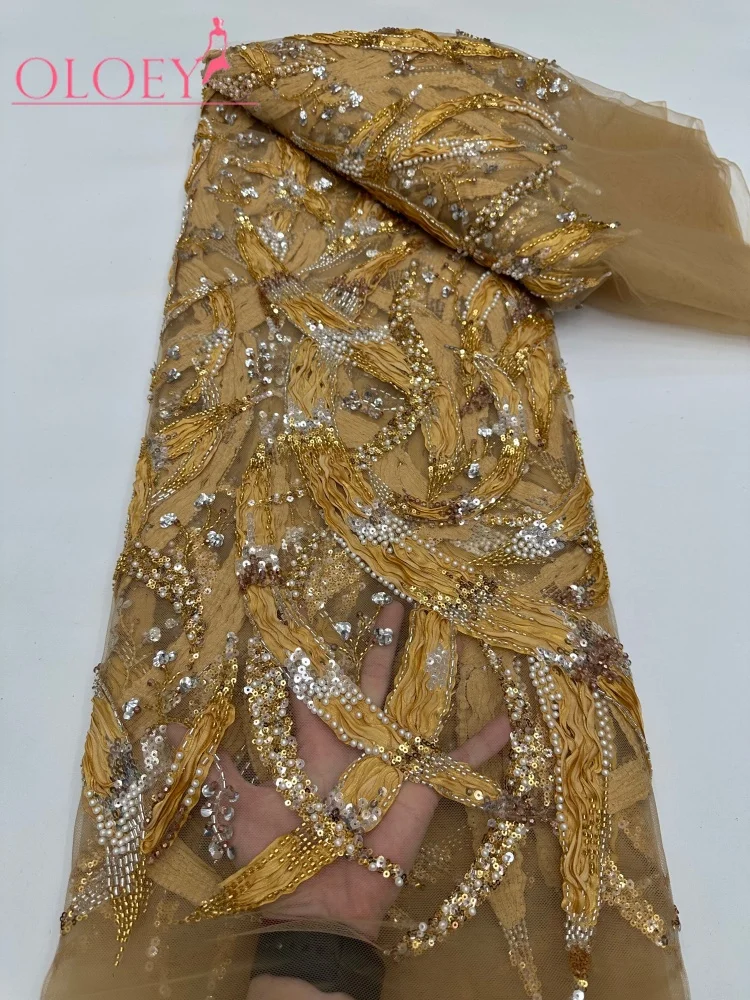 

OLOEY Luxury French Hand-Embroidered Beaded Lace Fabric 5 Yards African Nigerian Sequins Bridal Party Dress Material