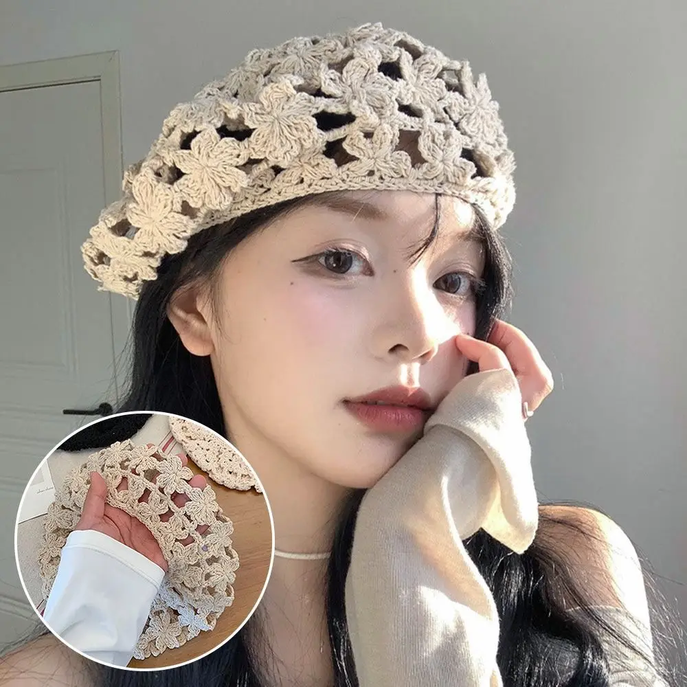 

Breathable Hollowed Out Knitted Hat Casual Flowers Skullies Hat Summer Fashion Beret Cap for Women