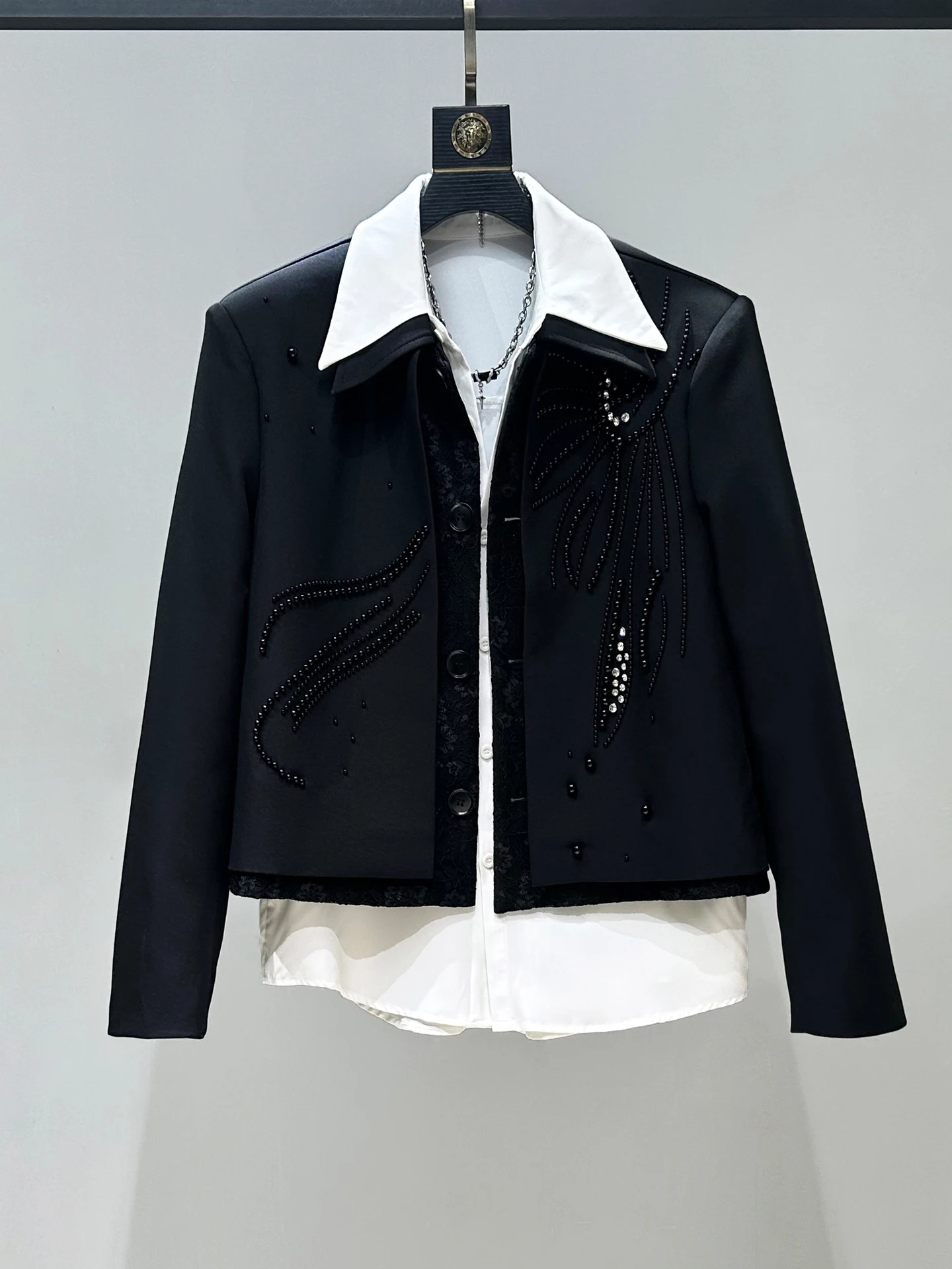 

Original Chinese Sle ort Jaet Men's Design Sense Splice Bla Outerwear Youth Trendy Loose Fit Long Sve Button up