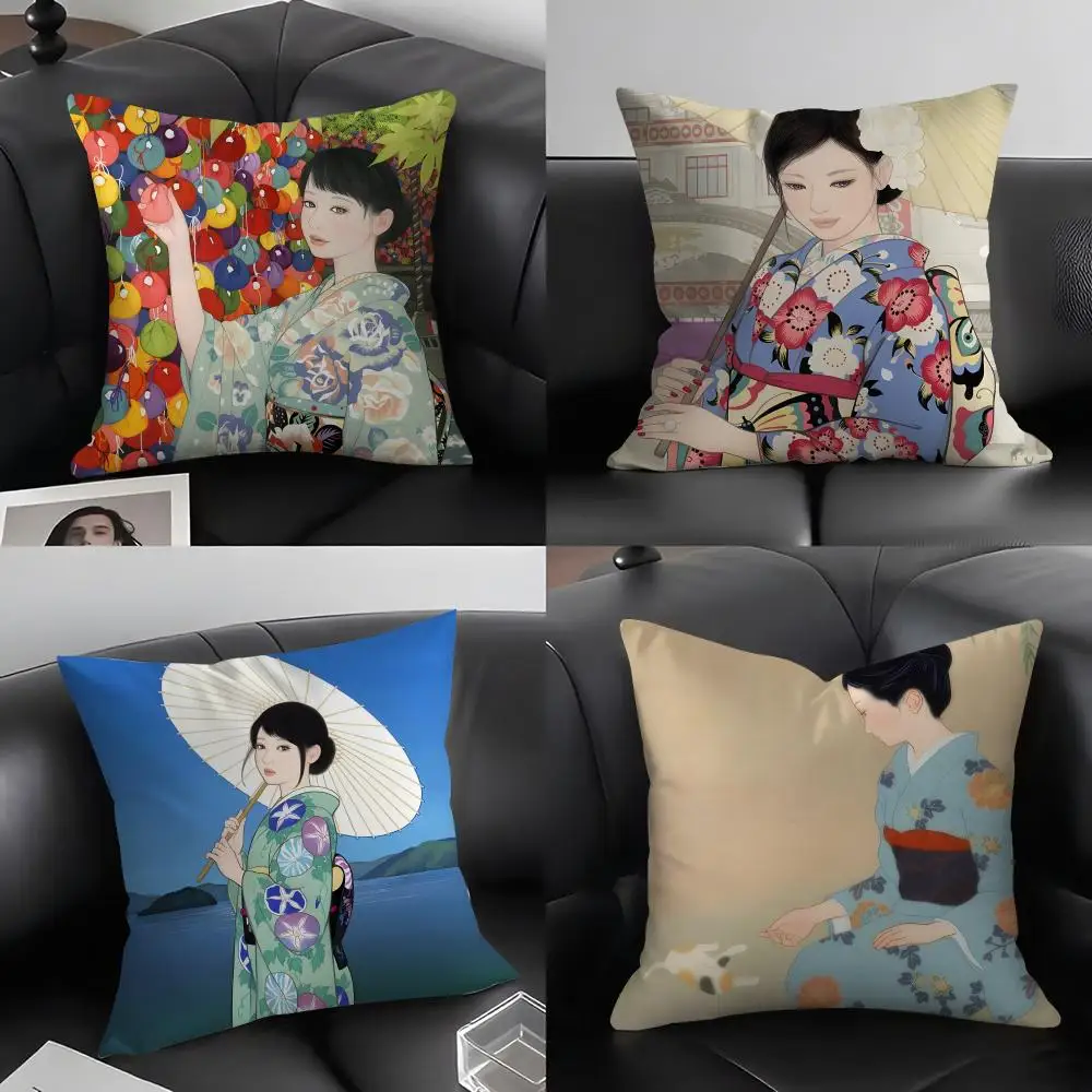 Kimono Girl Japanese Style Cushion Cover Pillowcase Ultra Soft Skin Friendly Fabric Cloud Like Comfort & Concealed Zipper