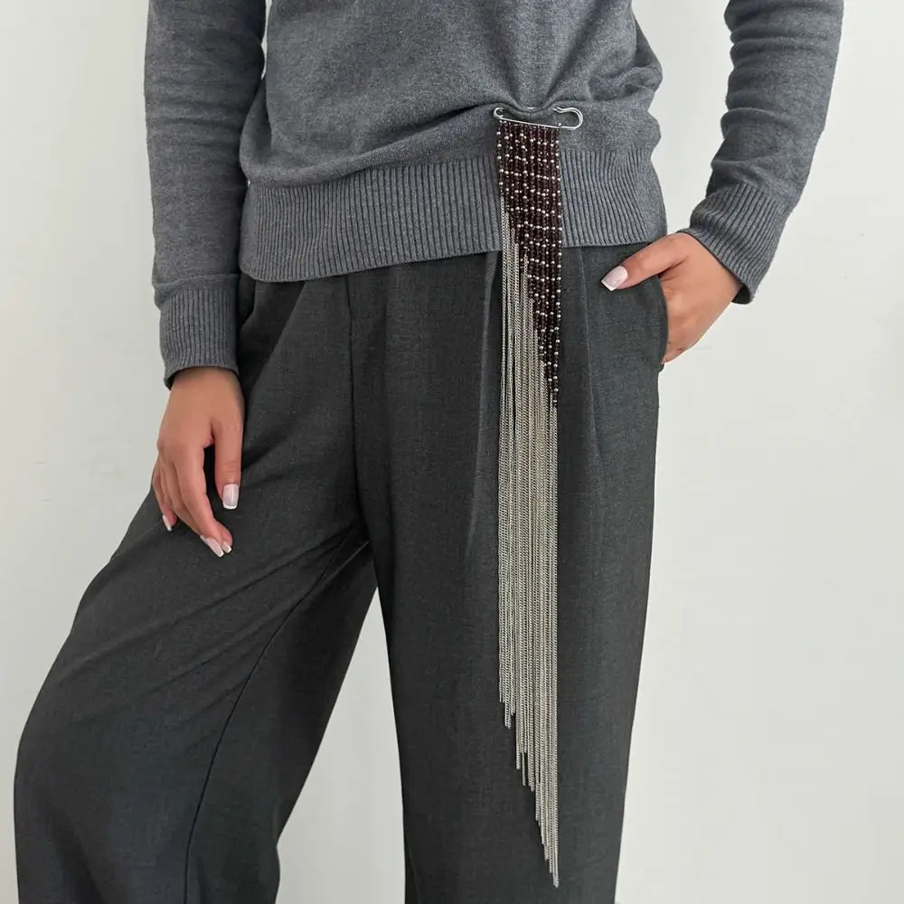 Alloy Tassel Chain Brooch Exaggerated Water Droplet Fringe Clothing Tie Pin Jewelry Accessories Silver Color Bead Fixed Ornament