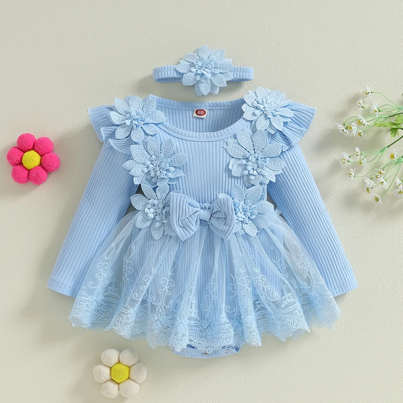 Infant Toddler Girl Romper Dress Newborn Baby Mesh Tull Dress Romper Flowers Lace Fall Winter Festival Clothes with Headband