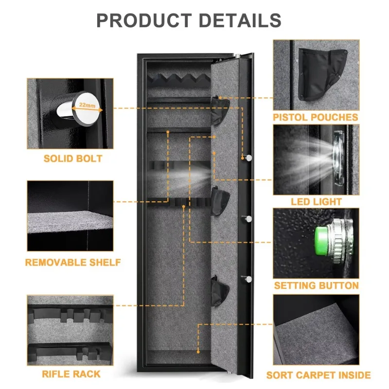 Large Tall Gun Safe Cabinet CE Certified with Electronic Password, Removable Shelf, Quick Access Storage