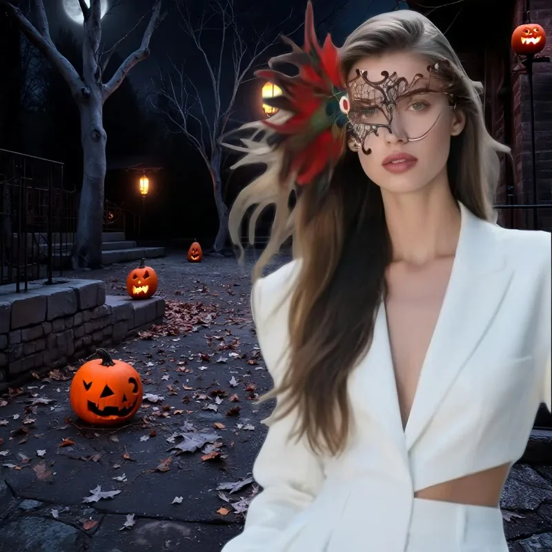 

Rhinestone Feather One-Eyed Chain Half-Face Masquerade Mask for Women Halloween Party Venetian Prom Mardi Gras Costume Accessory