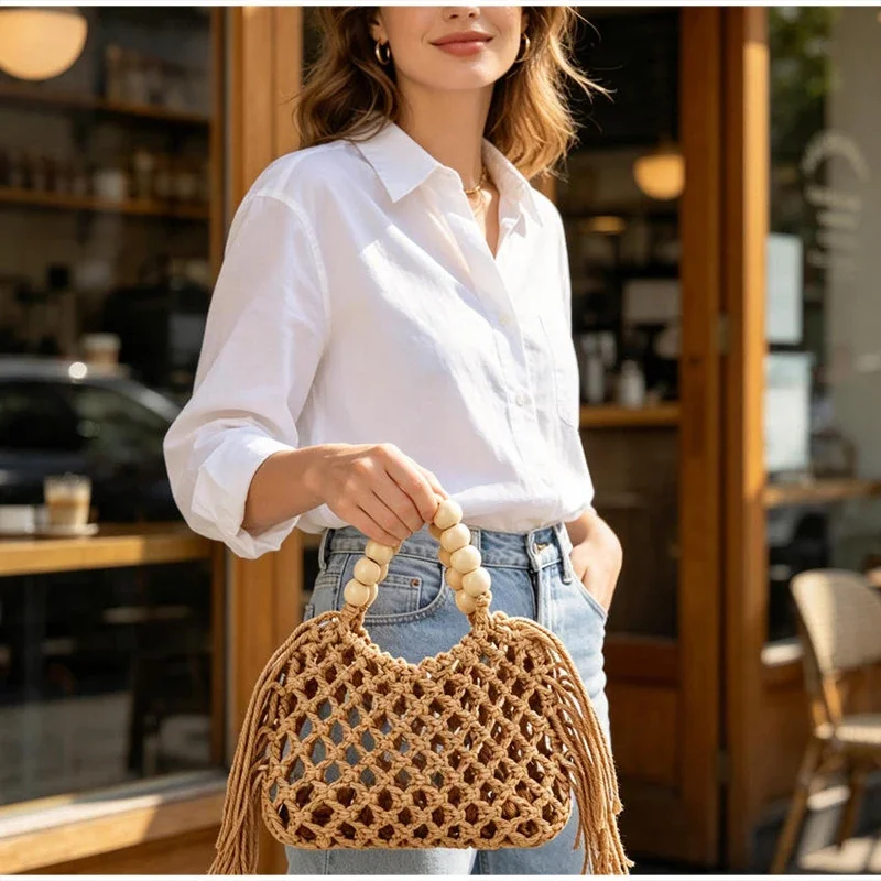 Boho Häkel-Handtasche mit Aushöhlungen und Quasten, Holzperlen-Griff, Gewebte Strandtasche, Sommer-Urlaub Strohtasche, Damen Casual Schultertasche – Detail 10