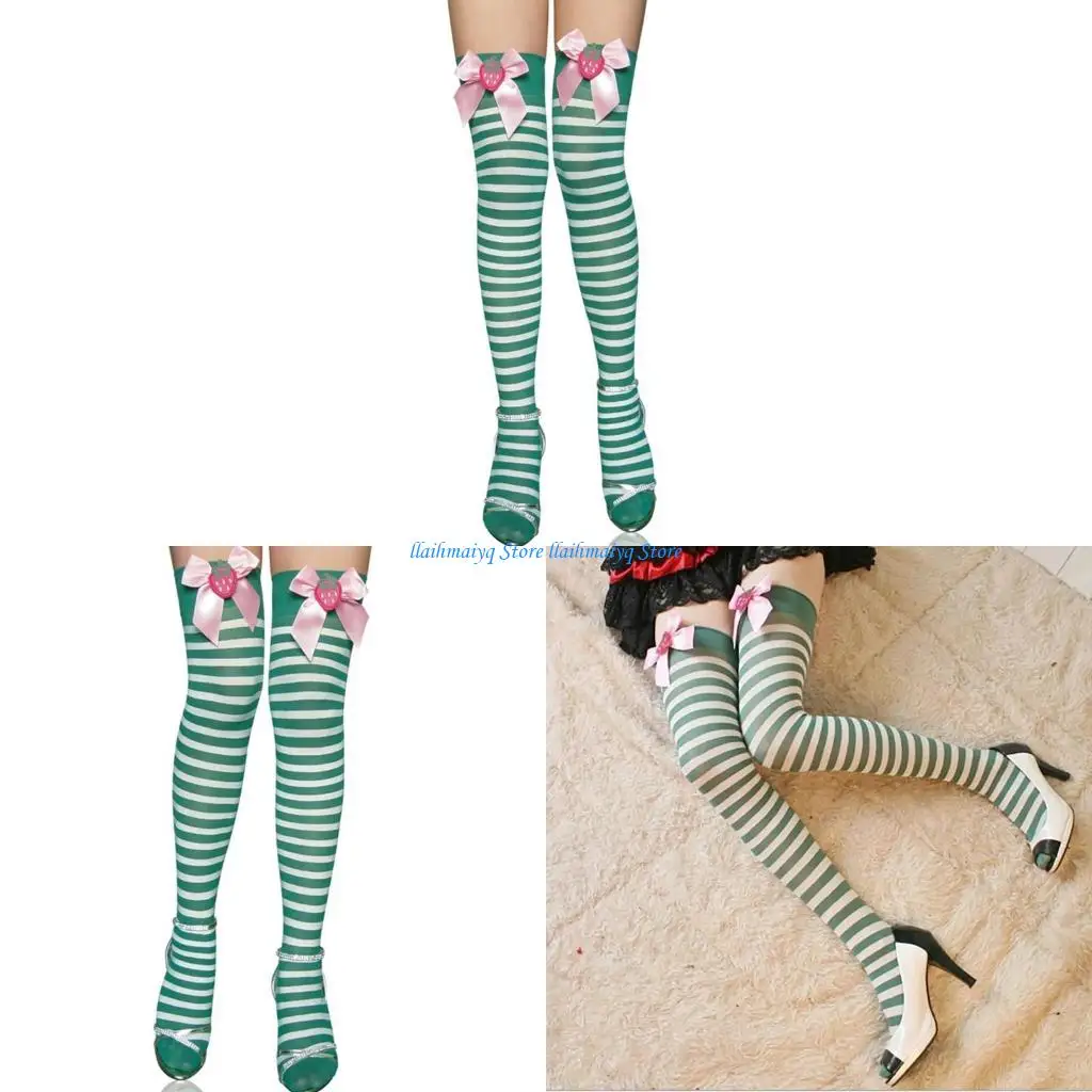 

573B Thigh High Stockings with Strawberry Bowknot for Cosplay and Daily Wear Women Striped Over Knee Long Tube Socks