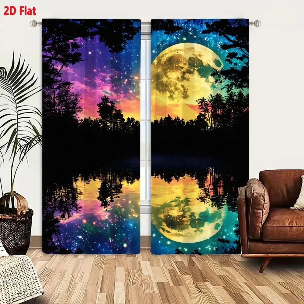 Galaxy Night Sky Moon Landscape Curtain Window Drapes for Bedroom Living Room Home Decor