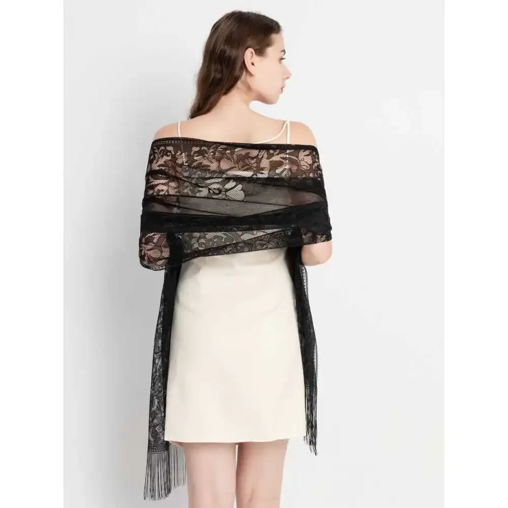 Elegant Lace Tassel Shawl for Evening Dresses, Weddings & Beach - Versatile Women's Fashion Accessory