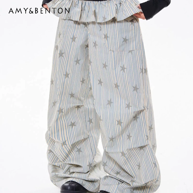 

American Retro Design Striped Star Print Women's Casual Pants 2025 Autumn New Loose Versatile Pleated Wide-Leg Overalls Ladies