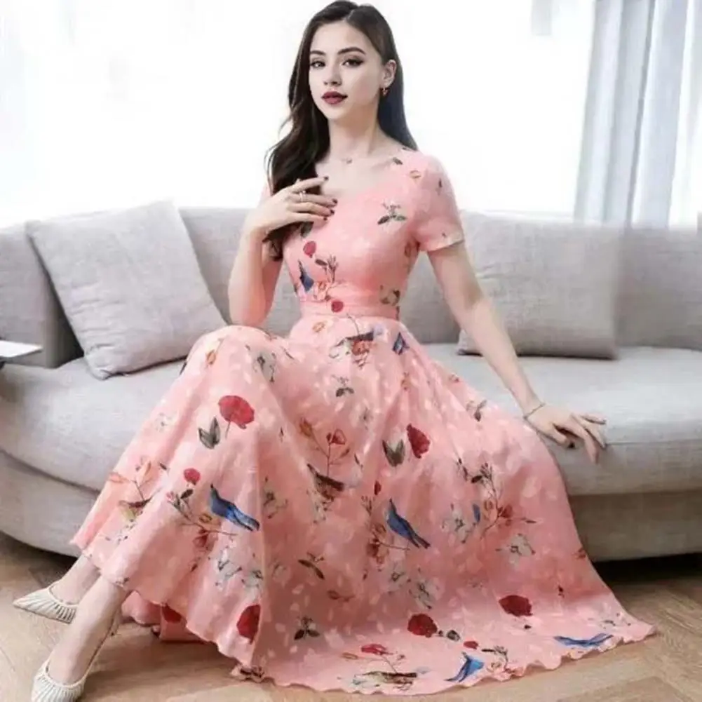 Short-sleeve Dress Printed Dress Elegant A-line Printed Midi Dress for Women Flattering High Waist Prom with Short Sleeves