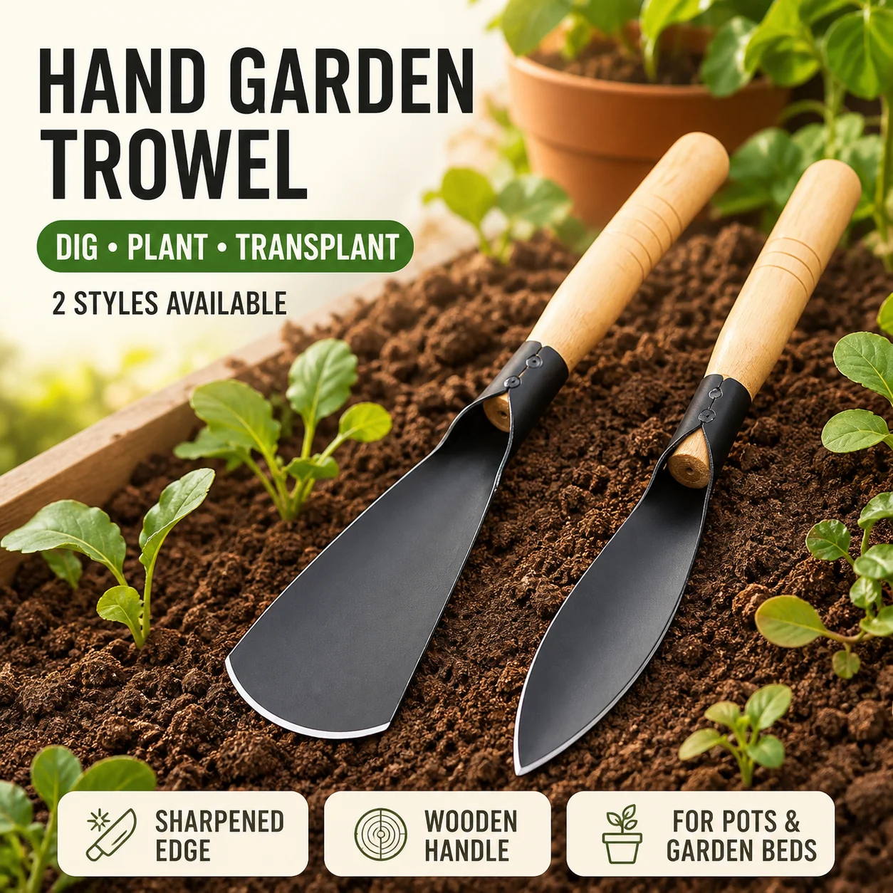 Hand Garden Trowel Metal Planting Shovel Wooden Handle Soil Scoop for Digging Transplanting Flowers Vegetables Pots Raised Beds