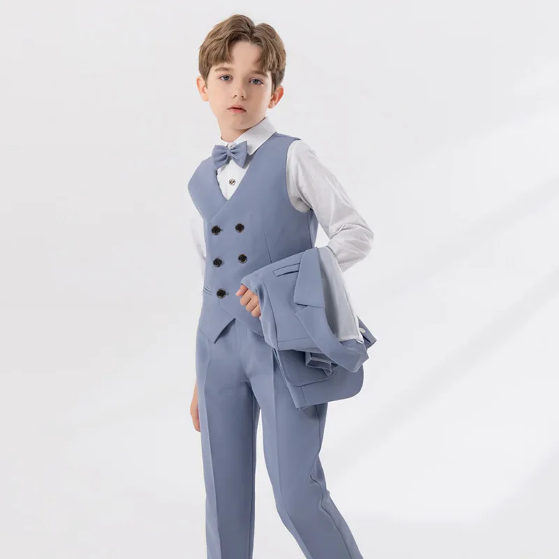 Boys Summer Vest Suit For Wedding Teenager Kids WaistCoat Shirt Pants Bowtie Tuxedo Dress Children Photograph Party Costume