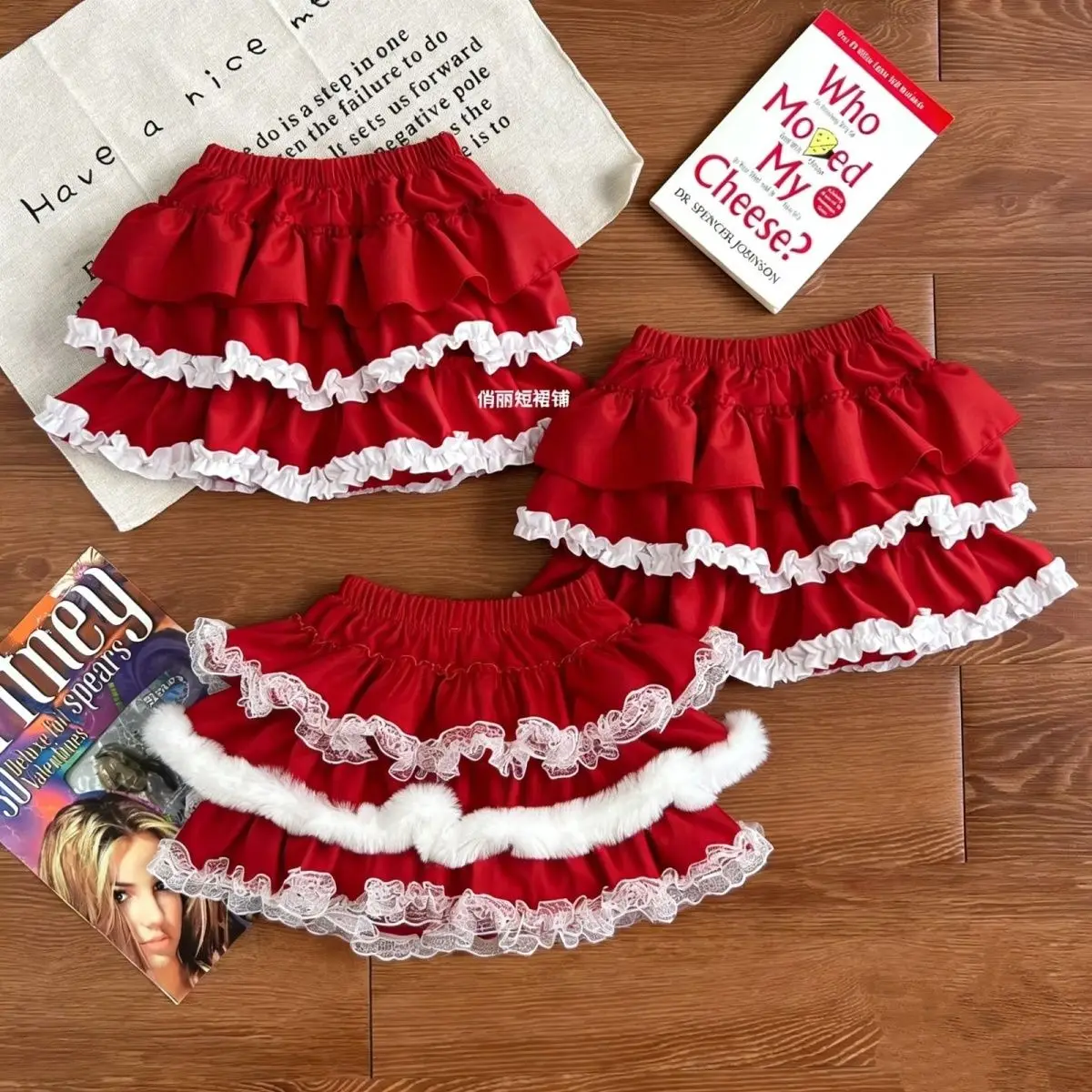Y2K Christmas Coquette Red Tiered Cake Mini Skirt White Lace Elastic Waist Built-in Safety Liner Women Frilly Flowy Short Skirt