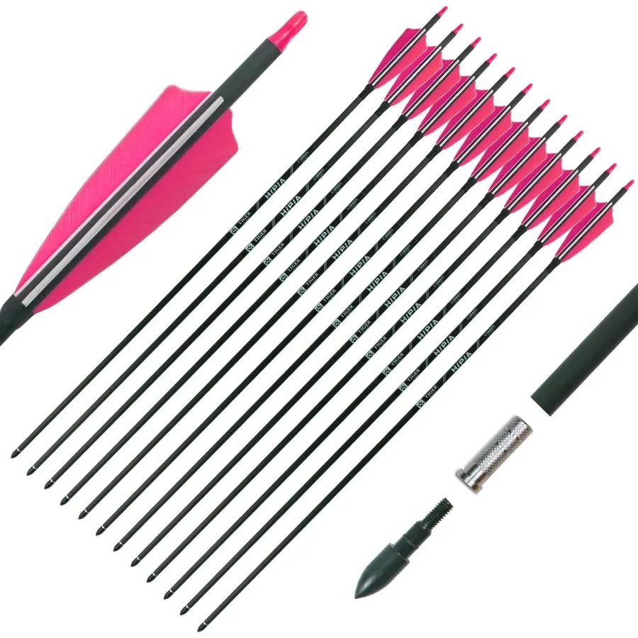 

30 карбоновых охотничьих стрел для тренировок по мишеням с изогнутыми и блочными луками с 4 натуральными перьями индейки, позвоночником 400 черных, упаковка из 1 шт.