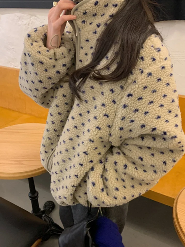 

Dongda Gate Polka Dot Lamb Fur Jaet Women Loose Stand Collar Retro Design Cotton Plu Top Warm Long Sve Zipper Closure
