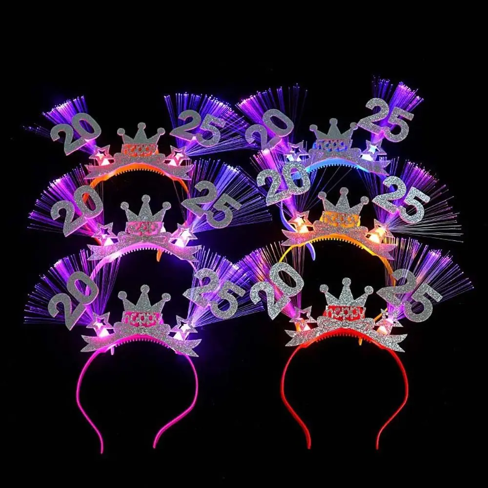 LED Glow 2025 Happy New Year Headband Number Letter Snake Shape LED Glow Hair Bands Photographic Headwear Optic Fiber Light Up