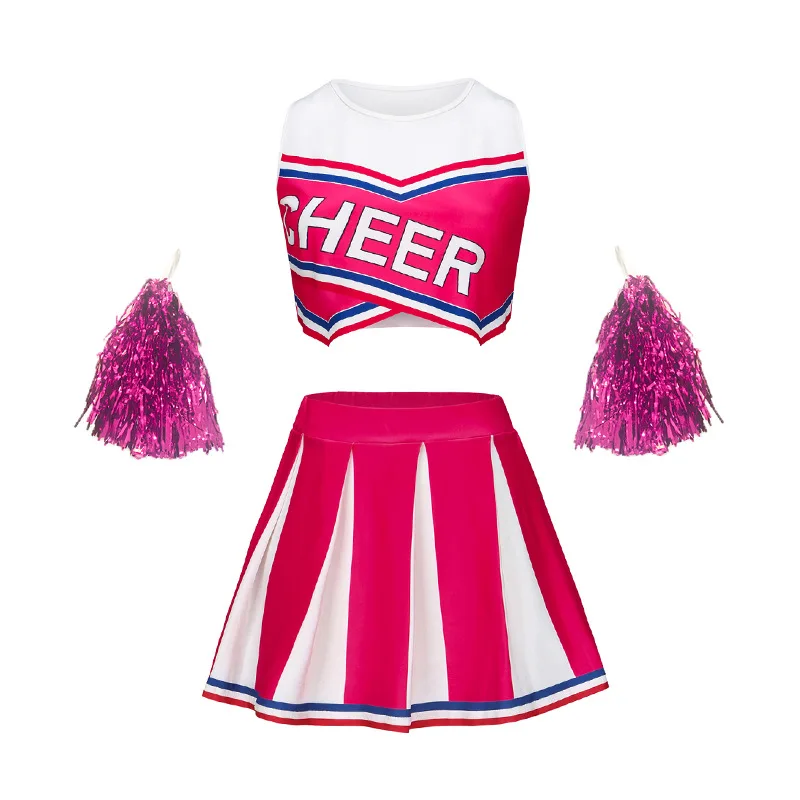 

Adult Women Cheerleader Uniform Crop Top Pleated Skirt Pom Pom Competitive Aerobics Costume Cheer Up Performance Dance Wear Red