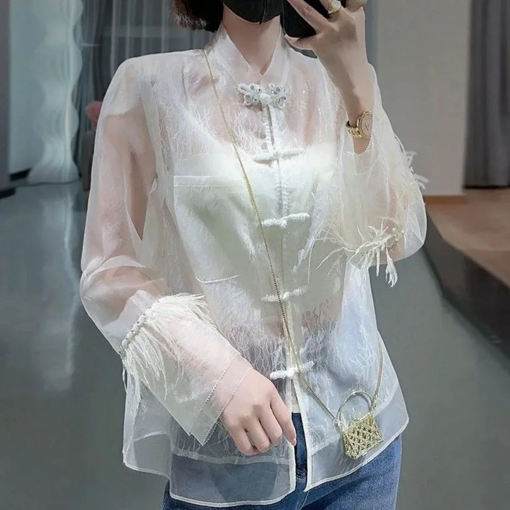 

White Shirt Women's Early Autumn 2023 New Chinese Style Long Sleeve Standing Collar Sunscreen Tops Transparent Ladies Blouses