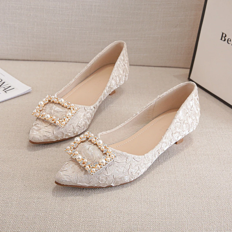 Ivory Textured Satin Pointed Toe Kitten Heel Pumps With Pearl Rhinestone Buckle Elegant Dress Shoes For Office Work Wedding view 2