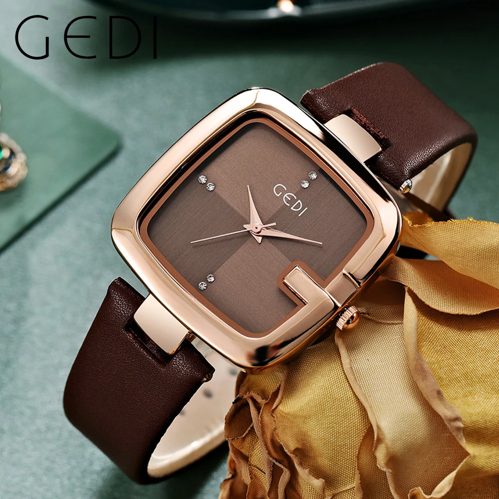 GeSI Fashin-relojes cuadrados minimalistas para mujer, reloj de cuarzo resistente al agua, correa de cuero marrón, reloj de pulsera informal Simple para mujer
