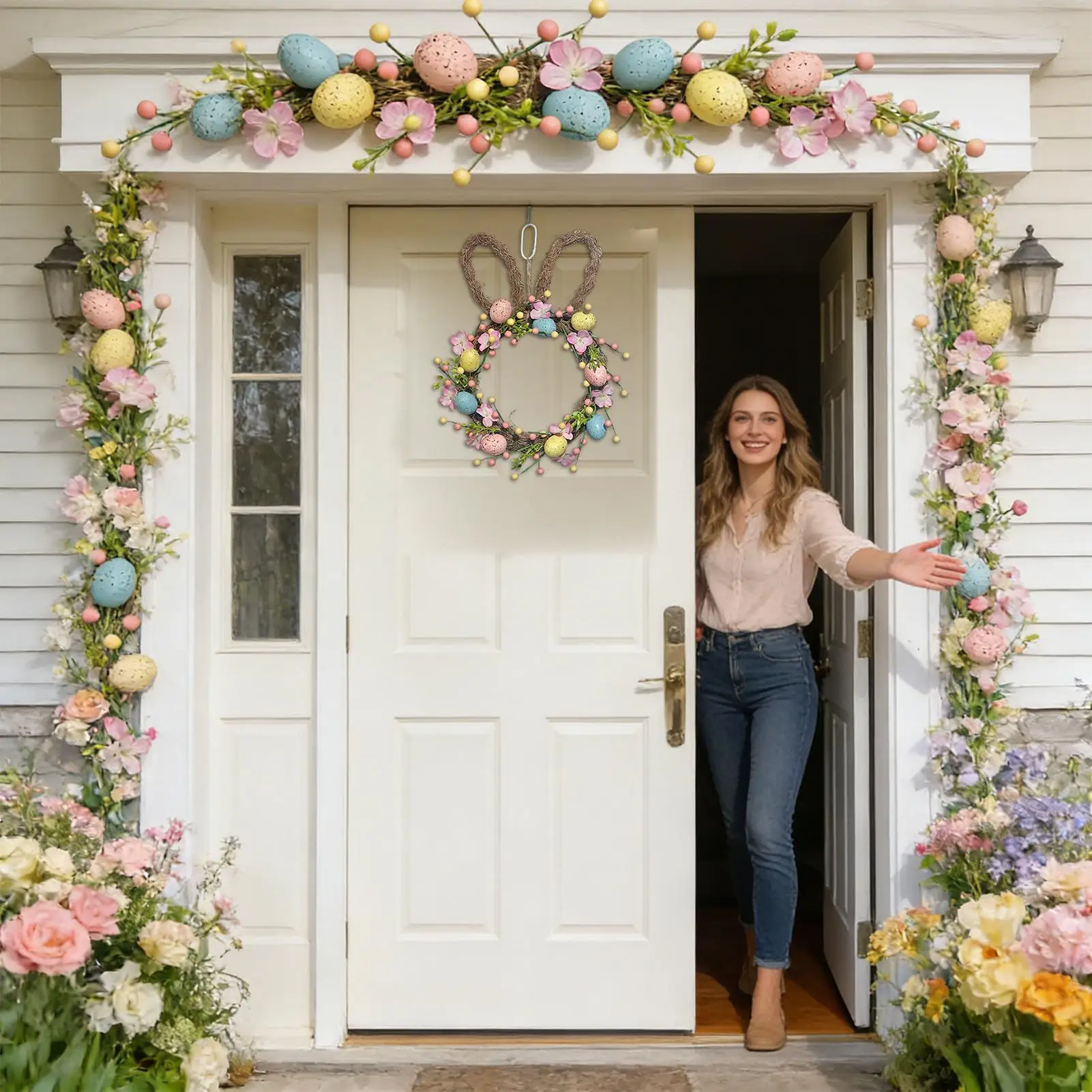 

Easter Bunny Wreath Festive Artificial Floral Eggs Garland Wall Decoration Bunny Welcome Wreaths For Porch Home Farmhouse Party