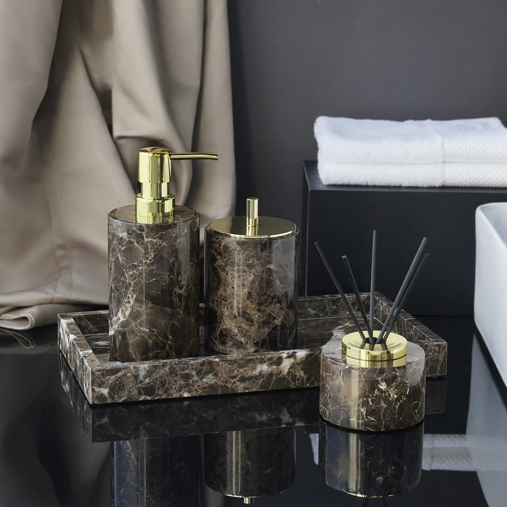 

Emperador Dark Natural Marble Bathroom Set Soap Dish Soap Dispenser Cotton Swabs Container Tray Bathroom Accessories