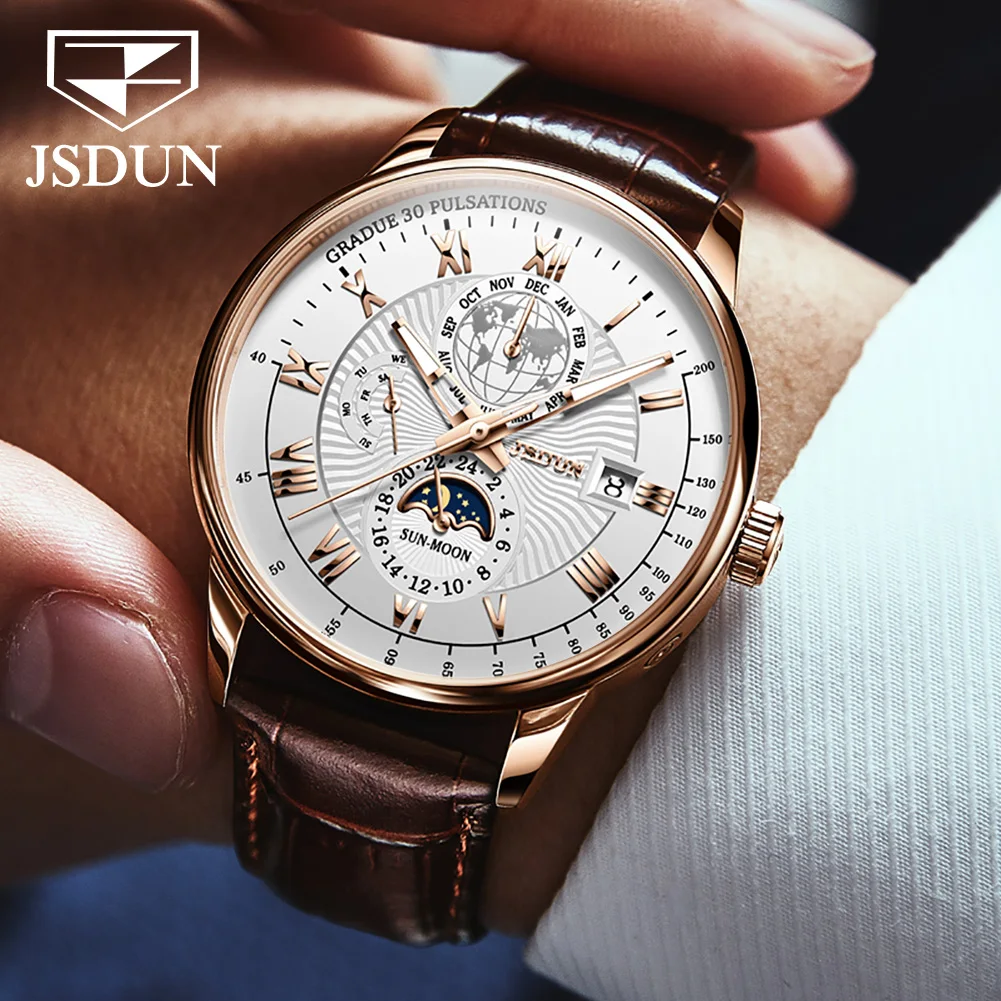 JSDUN 8909 Automatic Watch for Men Business Leather Watch Moon phase Multifunctional Waterproof Stainless steel Men\'s Watches