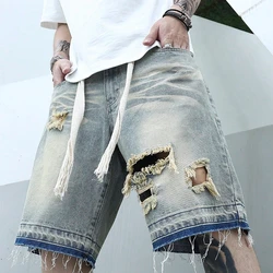 Men Summer Stretchy Denim Jeans Shorts For Men Cargo Casual Wide Leg Elastic Waist Ripped Cargo Baggy Shorts Y2k Streetwear Pant