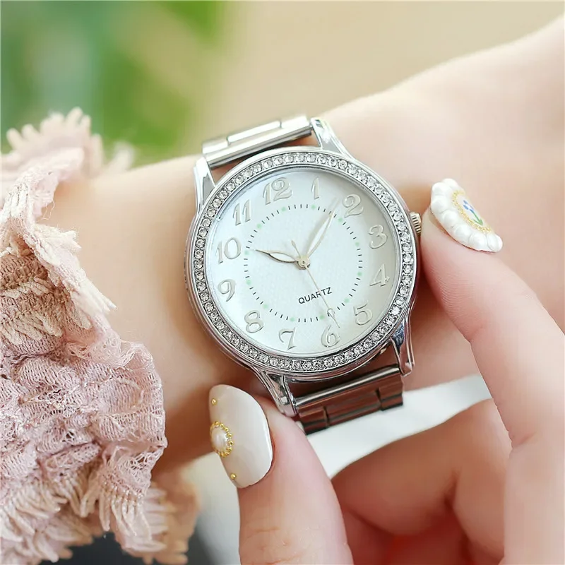 Moda luminosa senhoras relógios de pulso feminino luxo aço inoxidável prata malha cinta feminino relógio quartzo reloj mujer