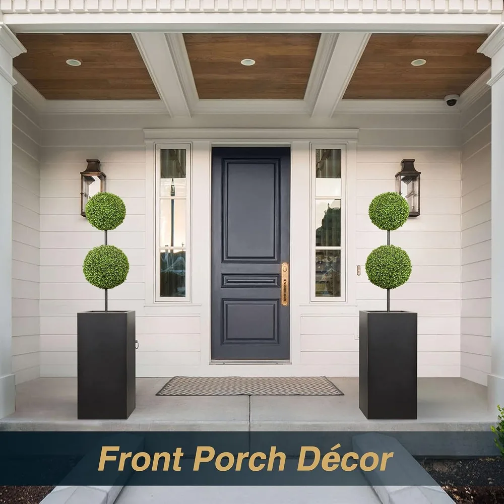 Высокий металлический ящик для цветов на открытом воздухе, 14x14x30 дюймов, матовый вручную золотой край, большая вместимость для уличных растений