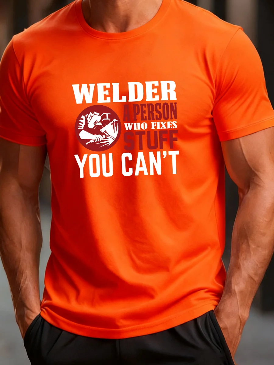 

Оранжевая футболка с коротким рукавом и графическим принтом «WELDER A OSSON WHO FIXES STUFF YOU CAN'T», повседневная мужская футболка с круглым вырезом