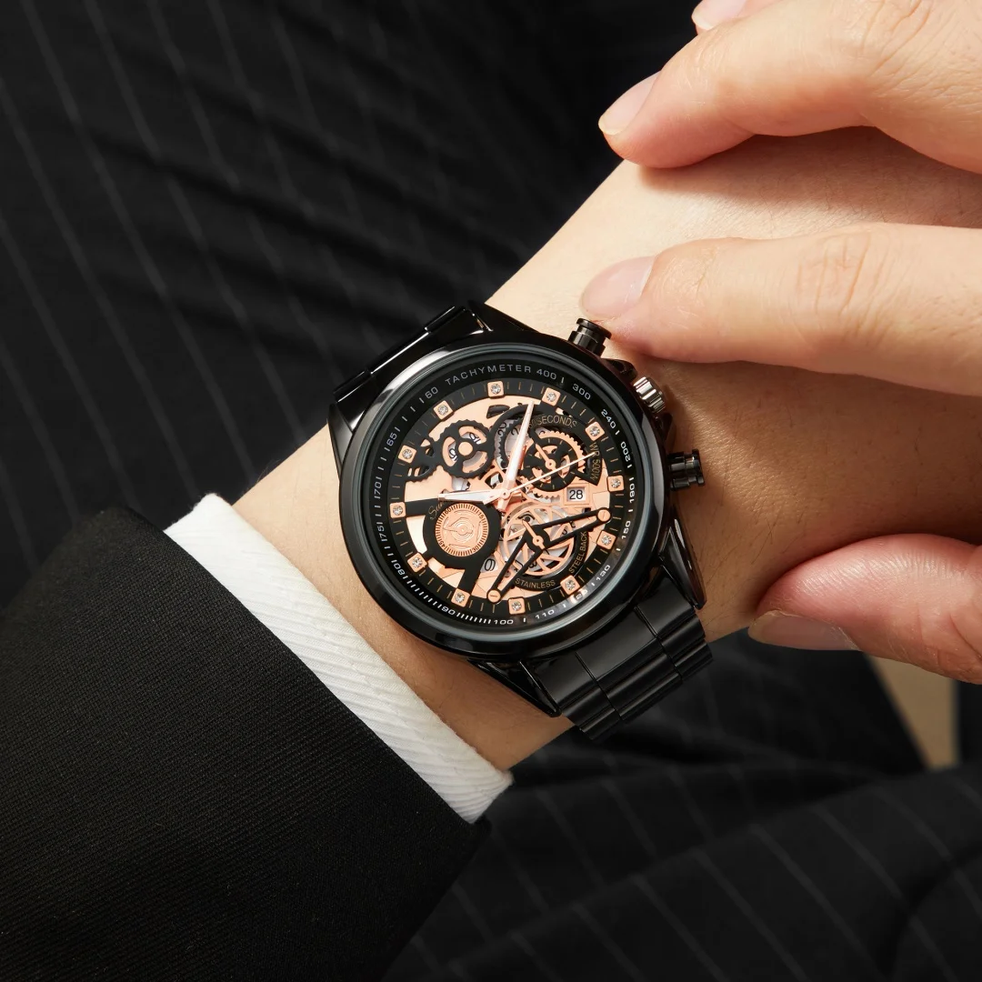 ساعات كوارتز رجالية فاخرة الفولاذ المقاوم للصدأ تاريخ رجال الأعمال ساعة اليد الجوف الرياضة رجل ساعة الذكور ساعة Relogio Masculino