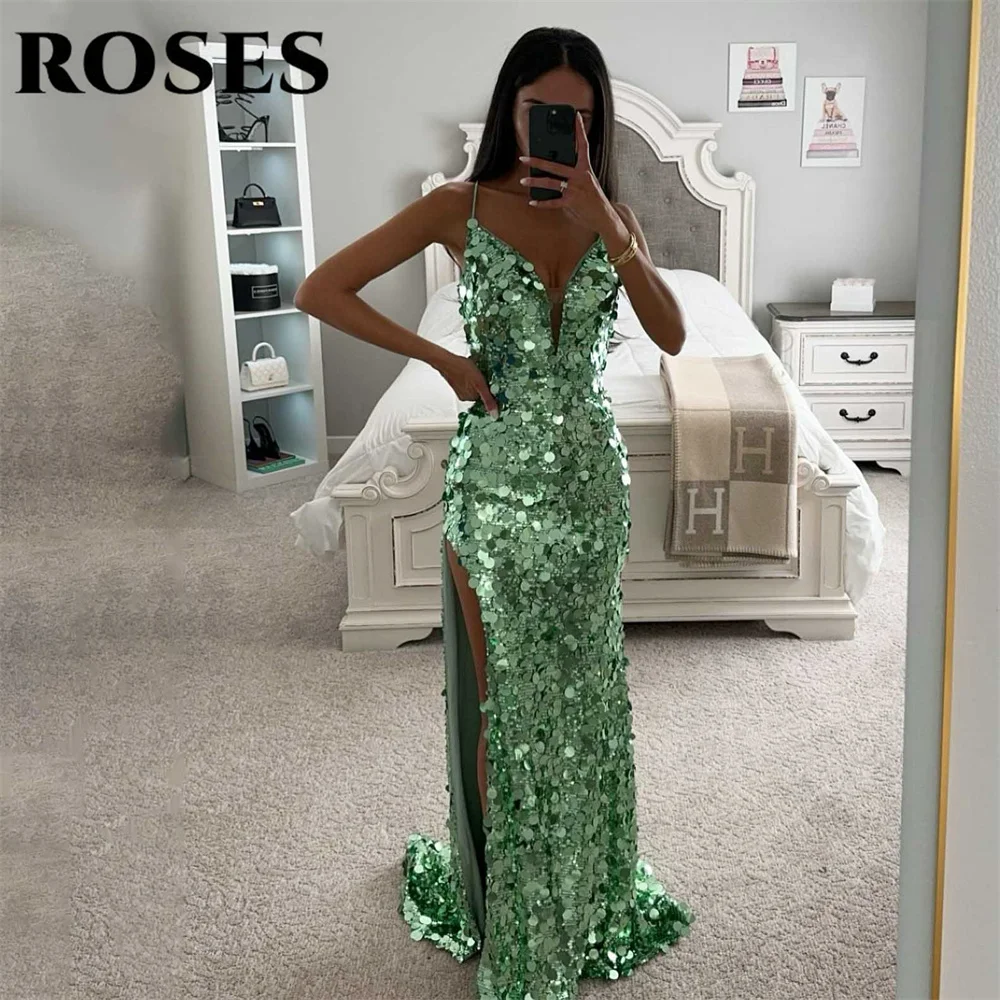 

ROSES Green Evening Dresses V-neck Prom Dress with Split Sleeveless Sequins Robe De Soirée Glitter Mermaid Pleat Party Dress