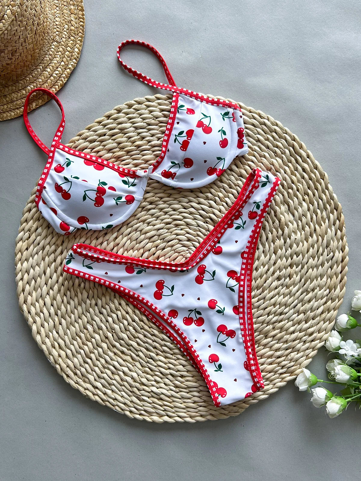 

sexy cherry print push up bow micro bikinis sets two pieces thong swimsuits bathing suit beach outfits swimwear tankini biquini