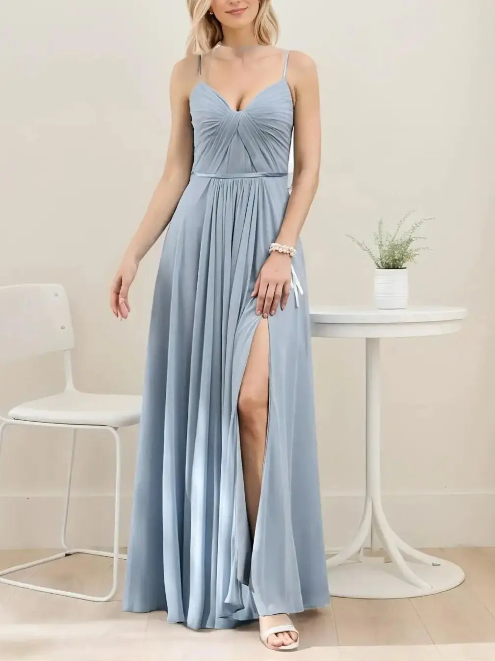 

Fashions A-Line Evening Dress Spaghetti Straps Chiffon Ruched Split Side Floor-Length Sleeveless Prom Gown 2025 free customized