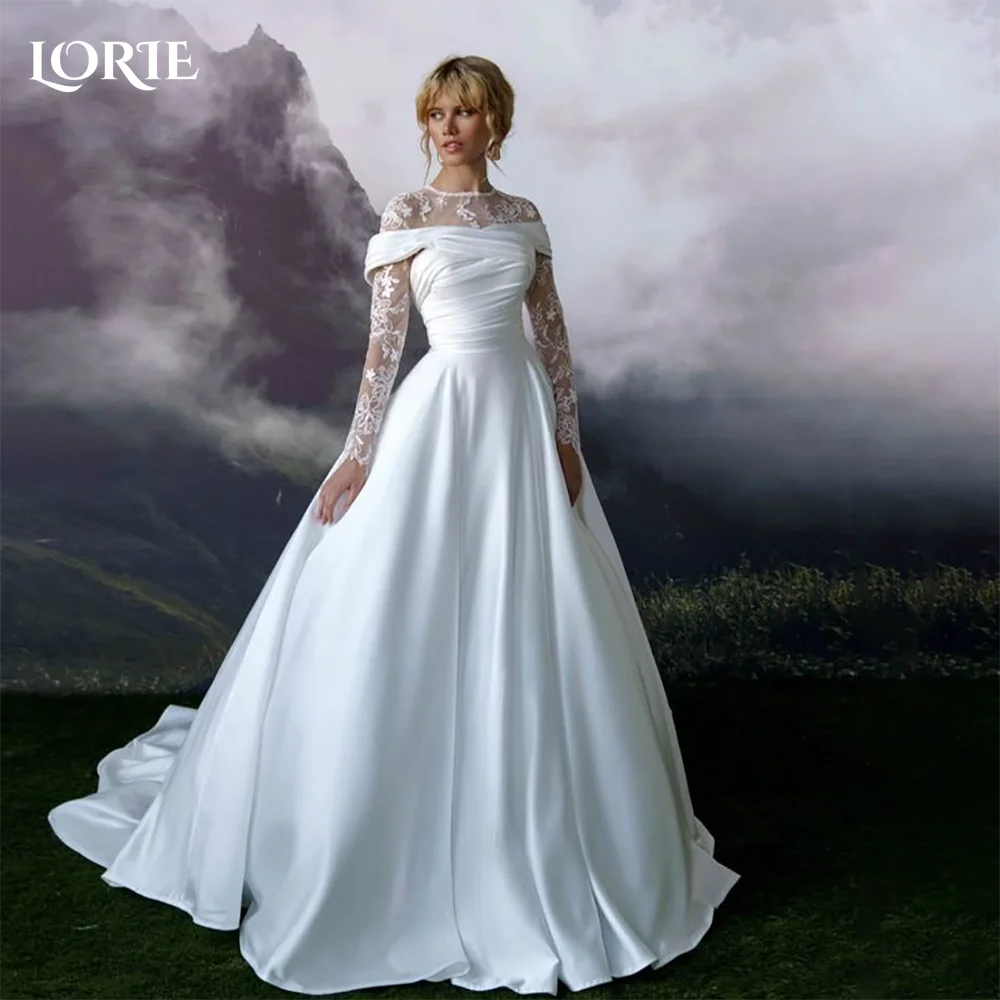 

LORIE Vintage Lace Wedding Dresses High Neck Applique A-Line Bridal Gowns Irregular Neckline Pleats Princess BrideGown customize