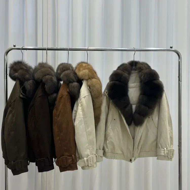 OFTBUY Big Real Fox Fur Collar Duck Down Coat Women Short Suede Pilot Jacket New Vintage Zipper Women's Winter Down Jacket