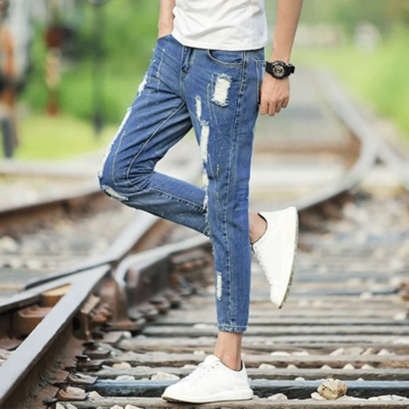 

Men's Fashion Splashed Ink Jeans Spring Summer Thin Style Casual Pants Youth Korean Version Nine Points Men's Blue Jeans