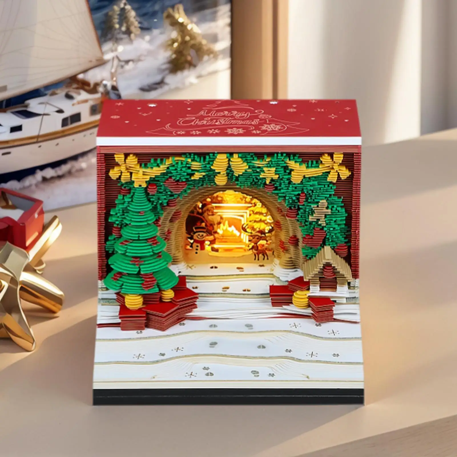 Calendario 3D 2026 2026 Arco di Natale Blocco note Calendario da tavolo Decorazioni per la casa Blocco note con luci a LED per la casa Dormitorio Appartamento Camera da letto