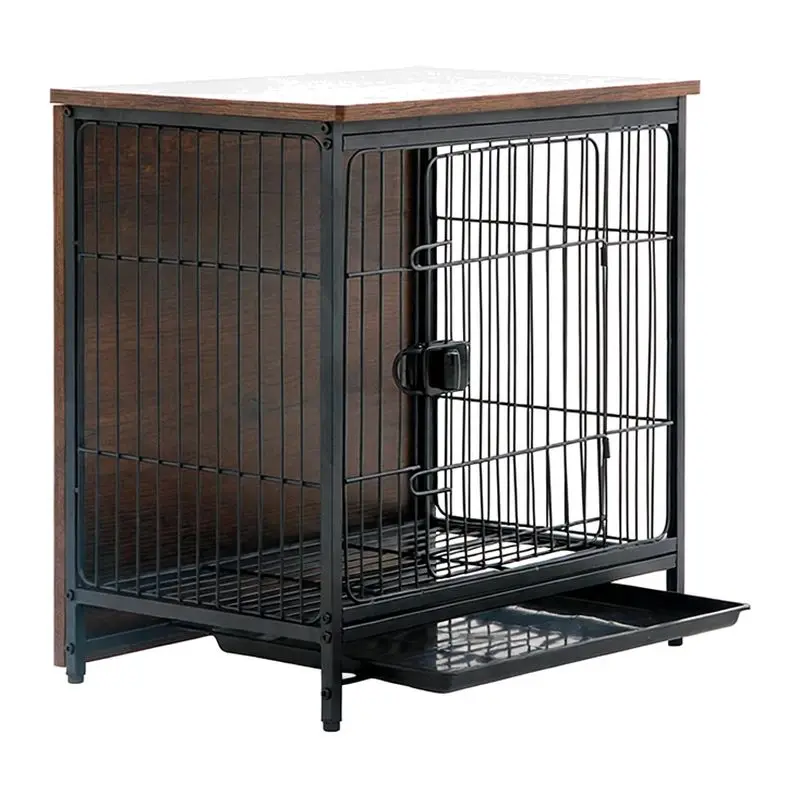 Modern Metal and Solid Wood Dog Cage, Newly Designed Pet House, Cat Ventilation Function with Animal-patterned Plastic Tray