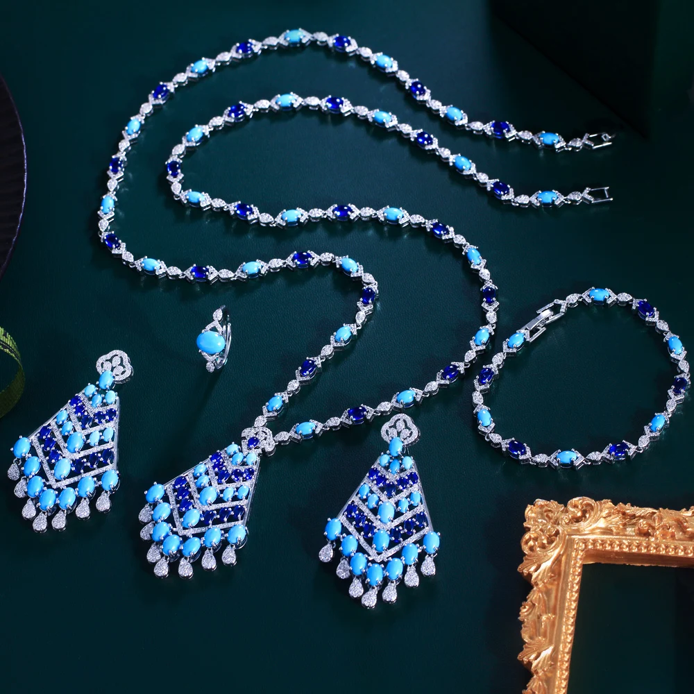 CWWZircons 4pcs Elegant Blue Cubic Zirconia Dangling Drop Tassel Long Necklace Women Wedding Party Dubai Bridal Jewelry Set T752