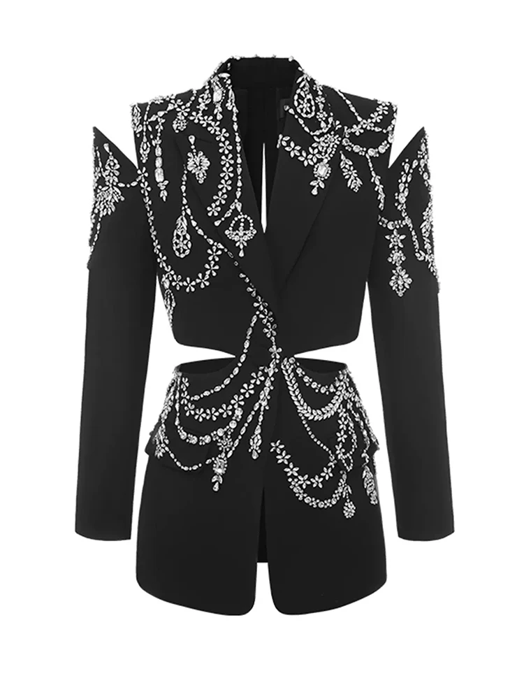 VGH Hollow Out Patchwork Diamonds Blazers For Women Notched Collar Long Sleeve Backless Streetwear Slimming Blazer Female New