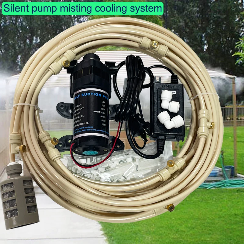 

Outdoor Misting Cooling SystemWith Pump Misting Line with Filter + Nozzles (3/16") For Patio Garden Greenhouse Watering