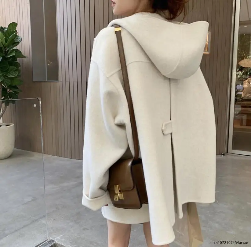 

Solid Luxury Mulberry Silk New Double-sided Wool Coat Women Short Hooded High Quality Wool Warm Jacket Fashion Fit Autumn Winter