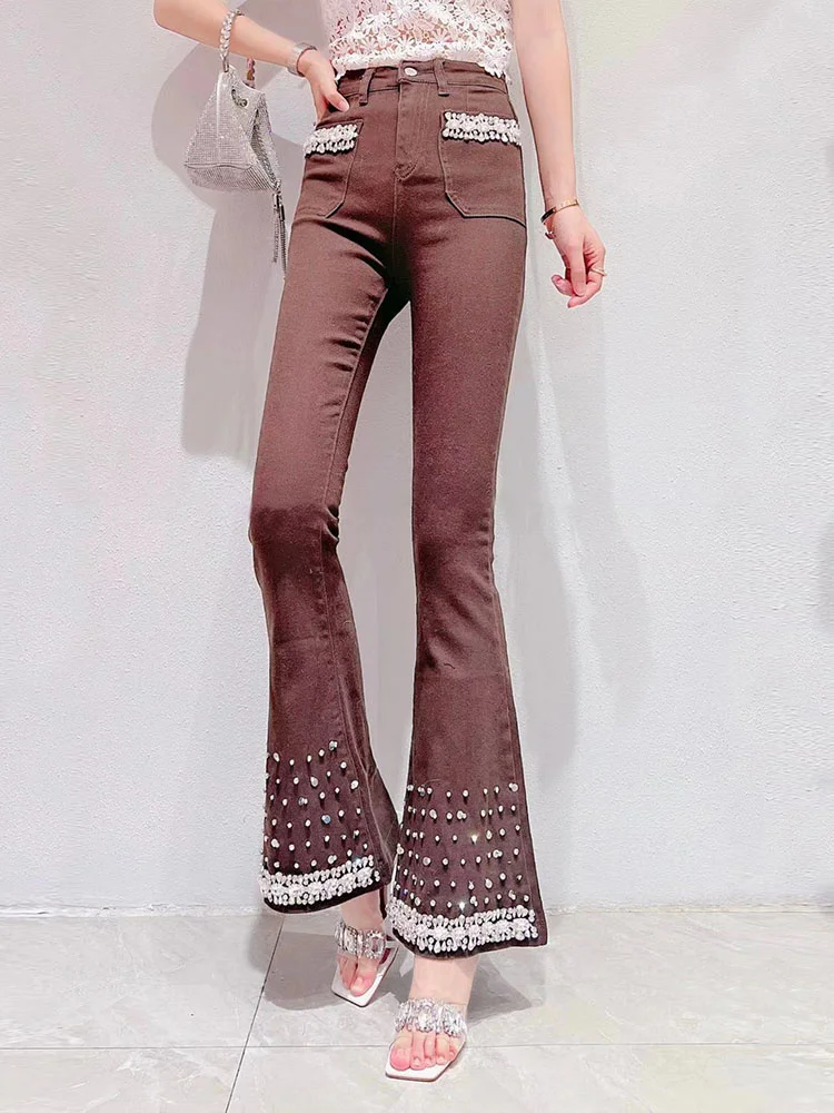 Prachtige Strass Retro Blue Jeans Voor Vrouwen 2023 Fall Winter Nieuwe Hoge Taille Afslanken Stretch Denim Bell-Bottom Broek straat