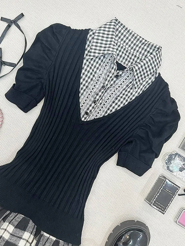 Boya Girl Original Bla Plaid Splicing ort Sve T-irt Women Summer Vintage Vintage Clothing Top Trendy  irt