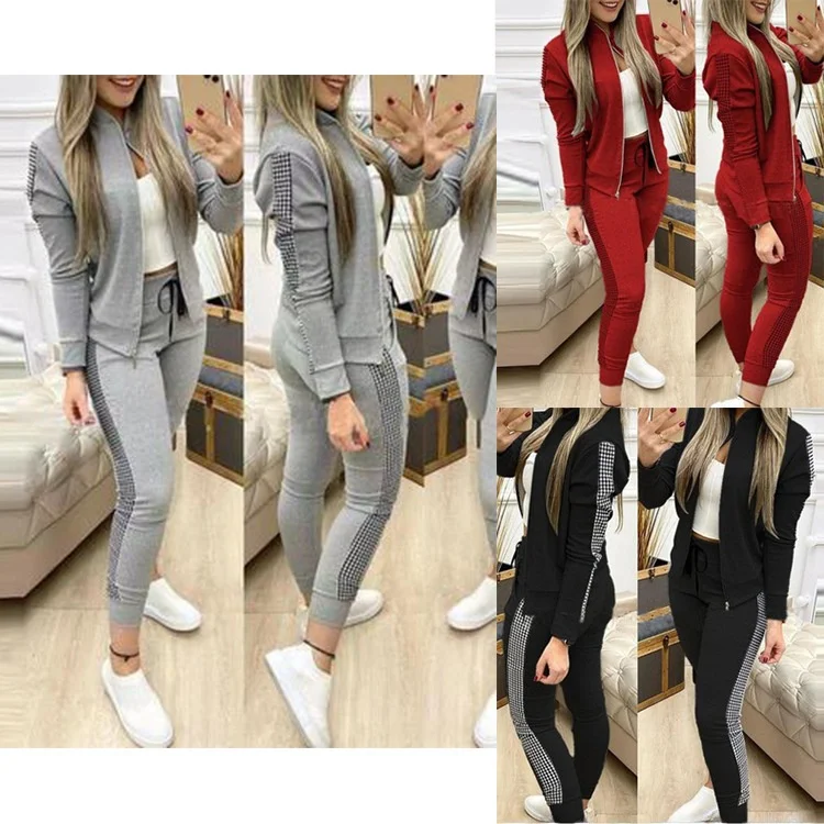 

2023 Autumn Winter Women's Long Spor Casual Plaid Set Zipper Splicing Modern Sle Four Seasons Wear Comfortable Outfit